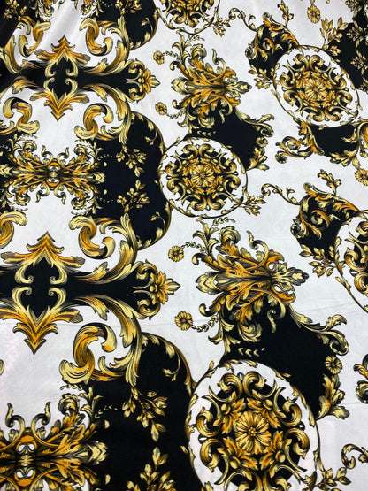 New Black/cold designer fabric print on poly spandex medium weight 4-way stretch 58/60” Sold by the YD. Ships Worldwide from Los Angeles CA.