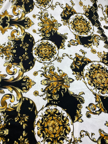 New Black/cold designer fabric print on poly spandex medium weight 4-way stretch 58/60” Sold by the YD. Ships Worldwide from Los Angeles CA.