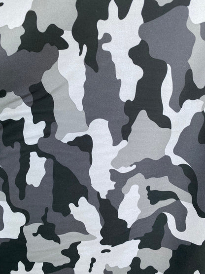 Camouflage design Gray/silver/black print on great quality of nylon spandex 4-way stretch 58/60” Sold by the YD. Ships Worldwide from L.A CA