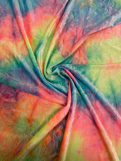Rainbow multi pastel tie dye Luxury crushed velvet 4-way stretch 58-69” Sold by the YD. Ships Worldwide from Los Angeles California USA.