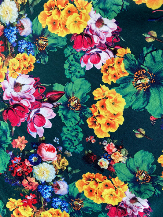 New Romantic multi flower design jade/multi print on stretch velvet 4-way 58/60” Sold by the YD. Ships Worldwide from Los Angeles California