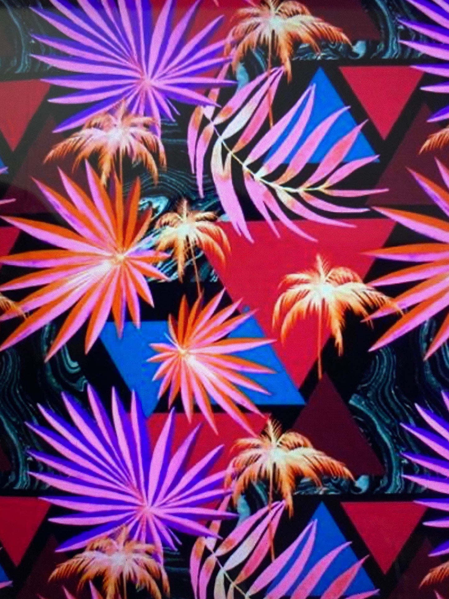 New abstract palm design print on best quality of nylon spandex 4-way stretch 58/60” Sold by the YD. Ships Worldwide from Los Angeles CA.