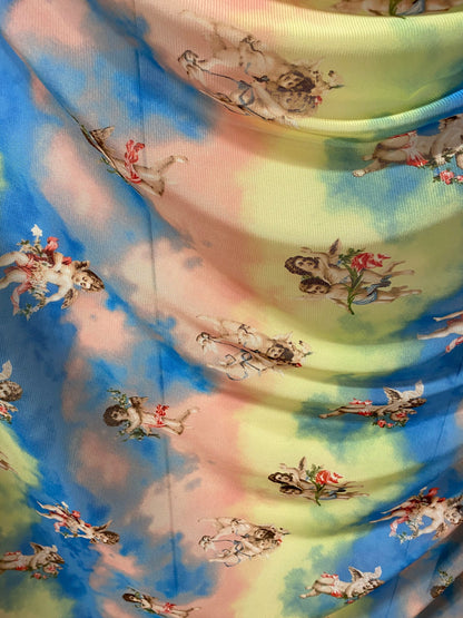 New Divine Angels design blush/blue/yellow print on power mesh 4-way stretch 58/60” Sold by the YD. Ships worldwide from Los Angeles