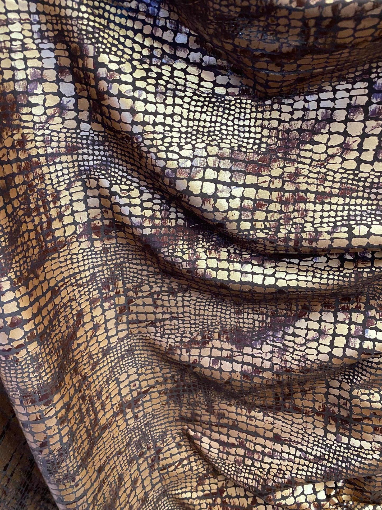New Exotic animal print on metallic polyester non stretch 58/60” Sold by the YD. Ships Worldwide from Los Angeles California USA.