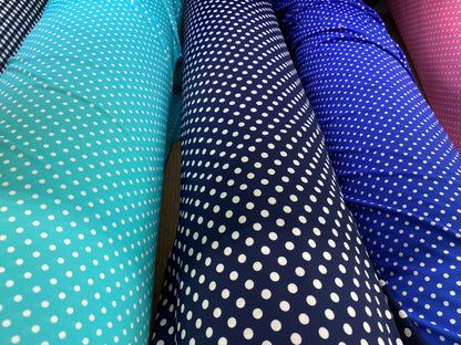 New polka dots design small size printed on great quality of nylon spandex 4-way stretch 58/60” Sold by the YD. Ships Worldwide from L.A CA