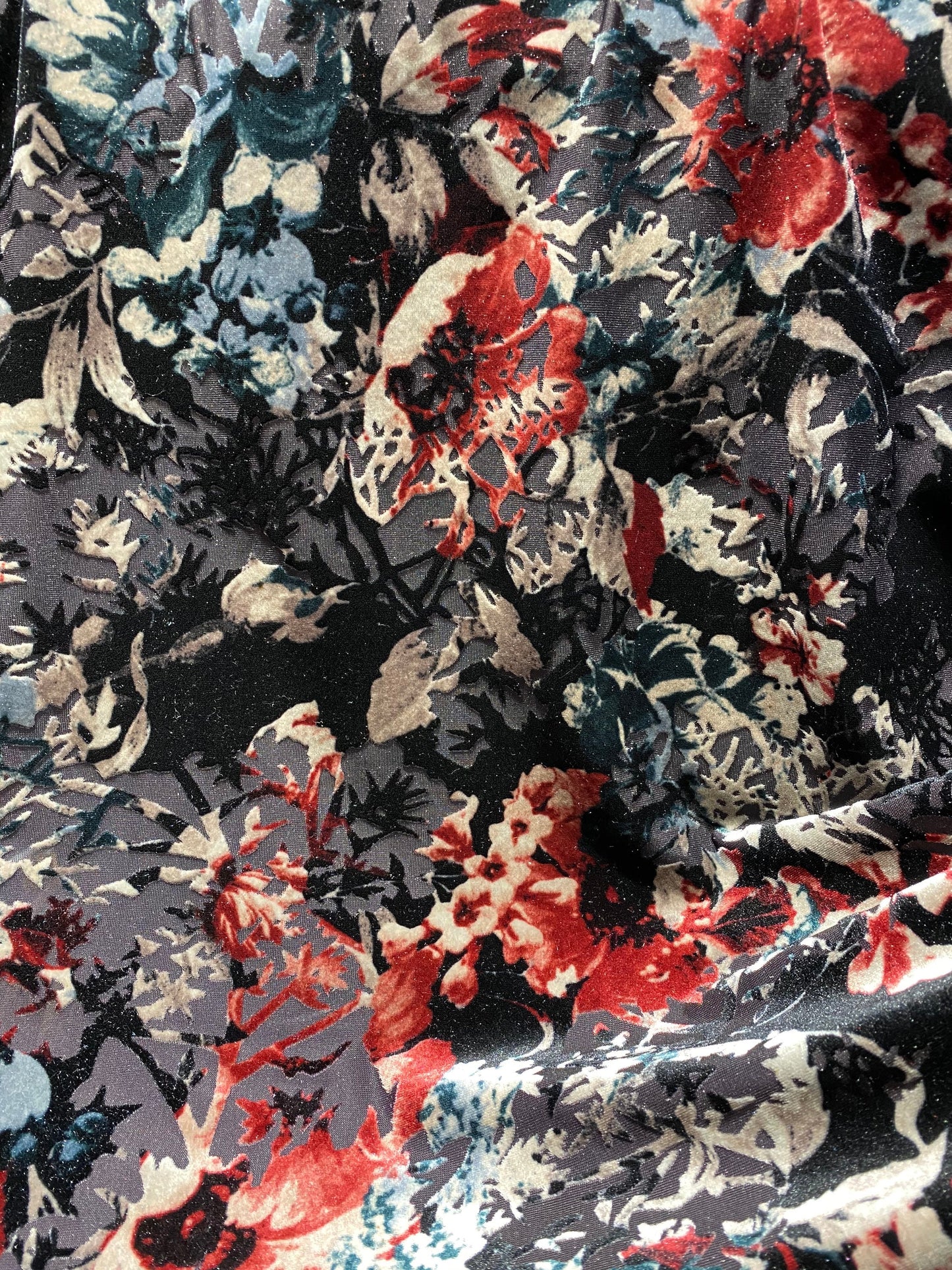 New Burnout velvet flower design Black multicolor 4-way stretch 58/60” Sold by the YD.  Ships Worldwide from Los Angeles California USA.