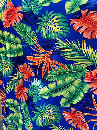 New Hawaiian design Sapphire multicolor print on poly spandex medium weight 4-way stretch 58/60” Sold by the YD. Ships Worldwide from L.A CA