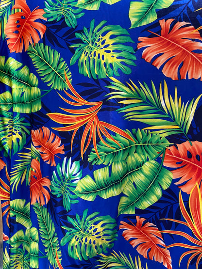 New Hawaiian design Sapphire multicolor print on poly spandex medium weight 4-way stretch 58/60” Sold by the YD. Ships Worldwide from L.A CA