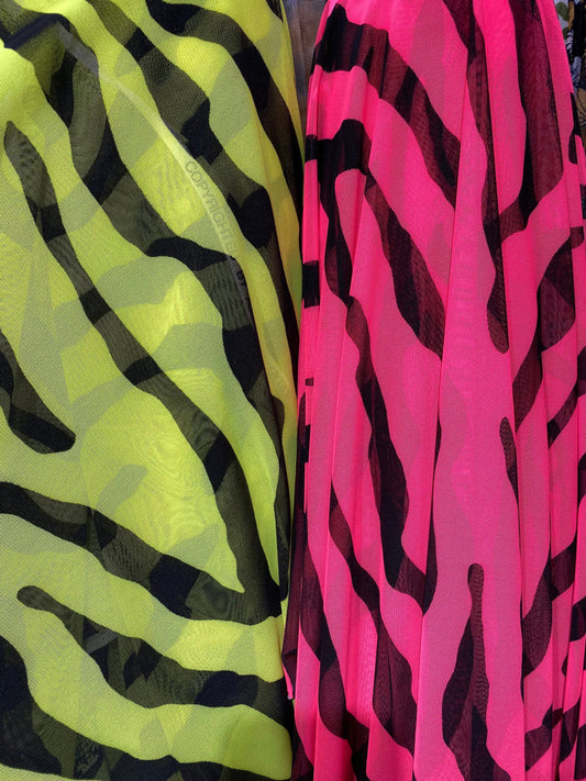 New Exotic zebra design neon colors print on great quality of power mesh 4-way stretch 58/60” Sold by the YD. Ships Worldwide from L.A CA.