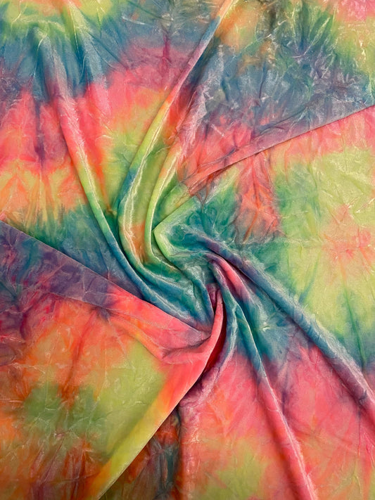 Rainbow multi pastel tie dye Luxury crushed velvet 4-way stretch 58-69” Sold by the YD. Ships Worldwide from Los Angeles California USA.