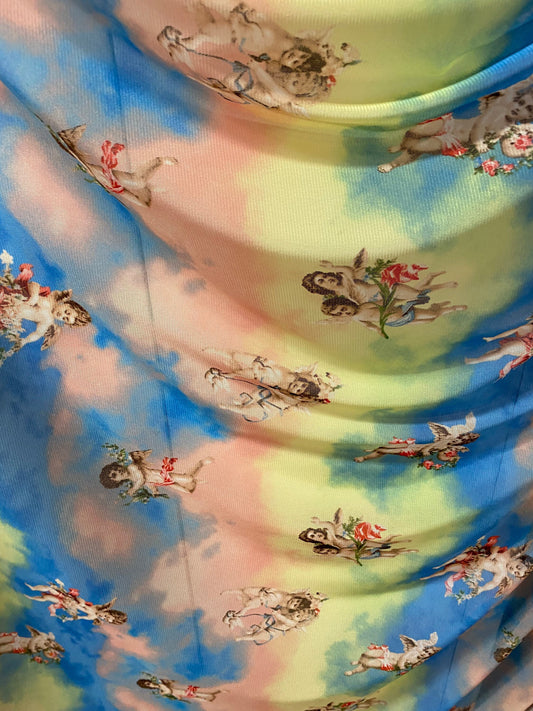 New Divine Angels design blush/blue/yellow print on power mesh 4-way stretch 58/60” Sold by the YD. Ships worldwide from Los Angeles