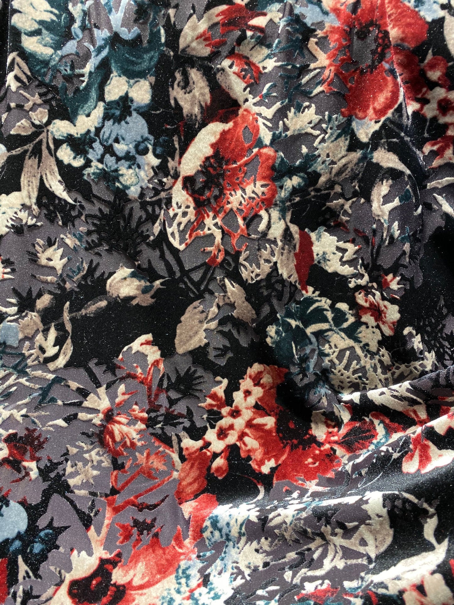 New Burnout velvet flower design Black multicolor 4-way stretch 58/60” Sold by the YD.  Ships Worldwide from Los Angeles California USA.