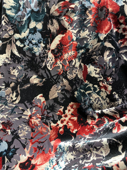 New Burnout velvet flower design Black multicolor 4-way stretch 58/60” Sold by the YD.  Ships Worldwide from Los Angeles California USA.