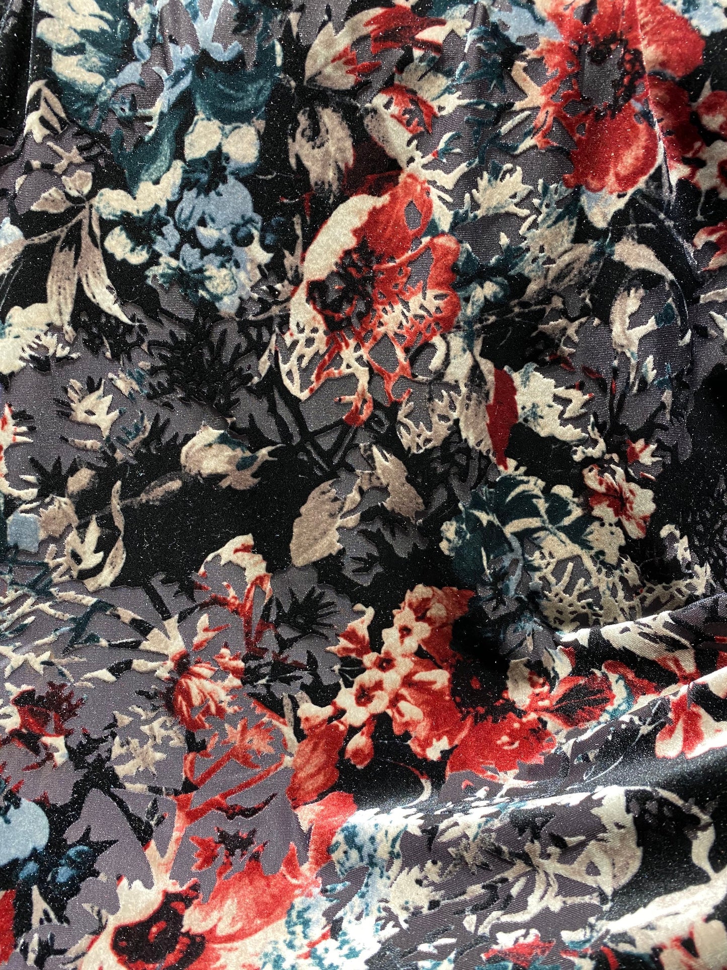 New Burnout velvet flower design Black multicolor 4-way stretch 58/60” Sold by the YD.  Ships Worldwide from Los Angeles California USA.