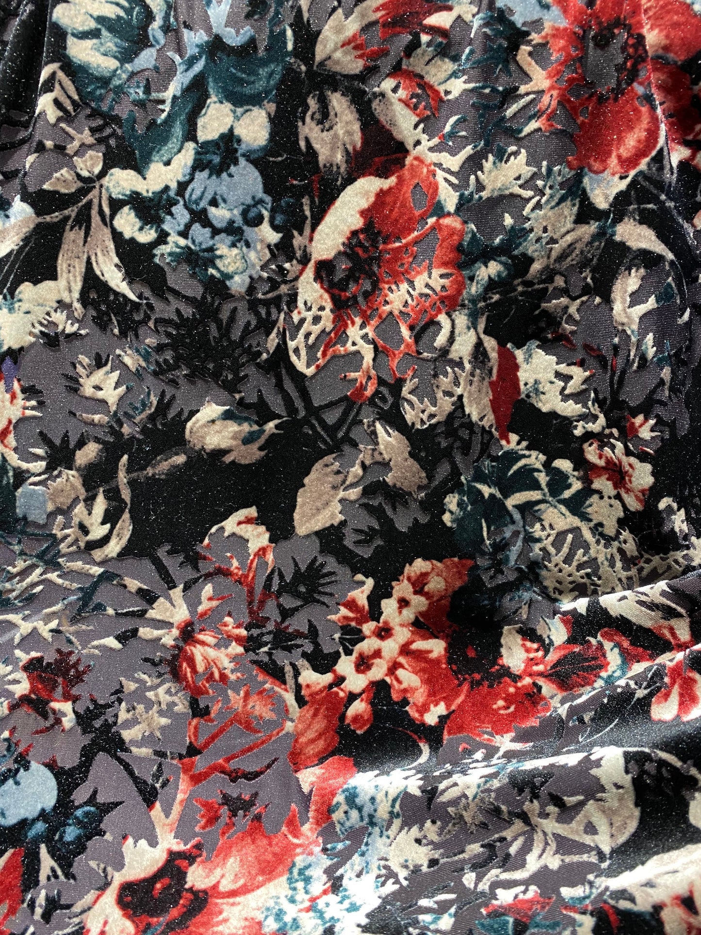 New Burnout velvet flower design Black multicolor 4-way stretch 58/60” Sold by the YD.  Ships Worldwide from Los Angeles California USA.