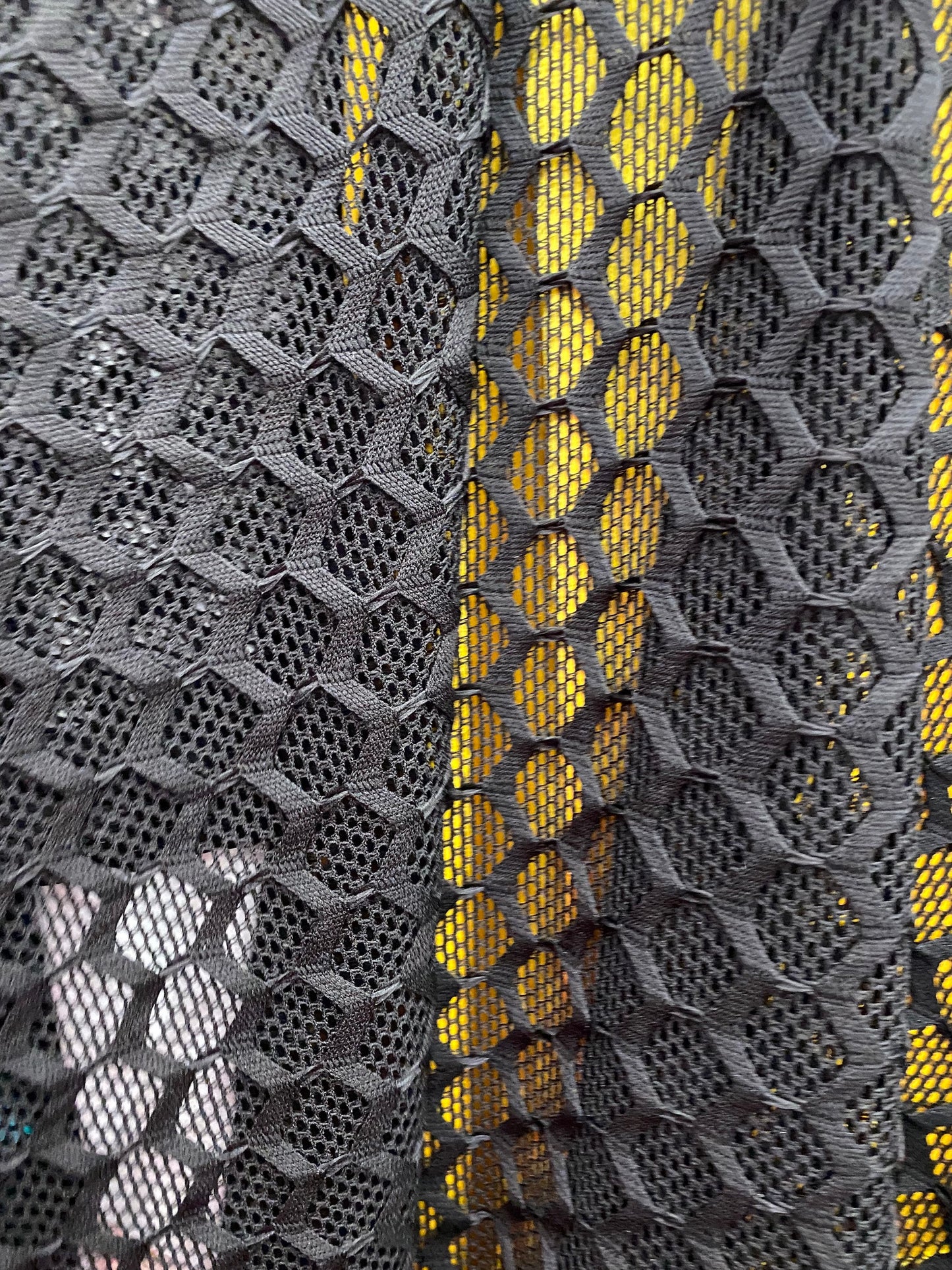 New Geometric black mesh 2-way stretch 58/60” Sold by the YD. Ships Worldwide from Los Angeles California USA.