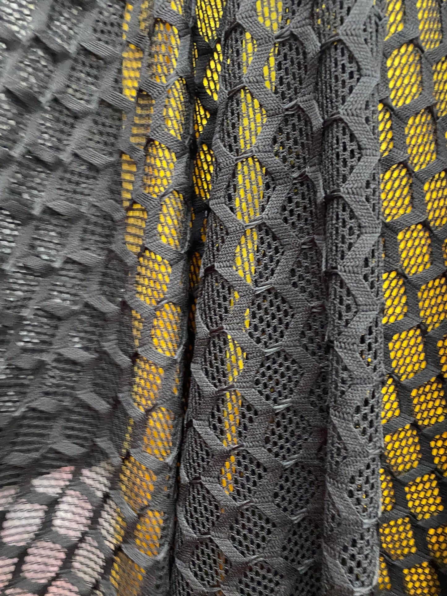 New Geometric black mesh 2-way stretch 58/60” Sold by the YD. Ships Worldwide from Los Angeles California USA.