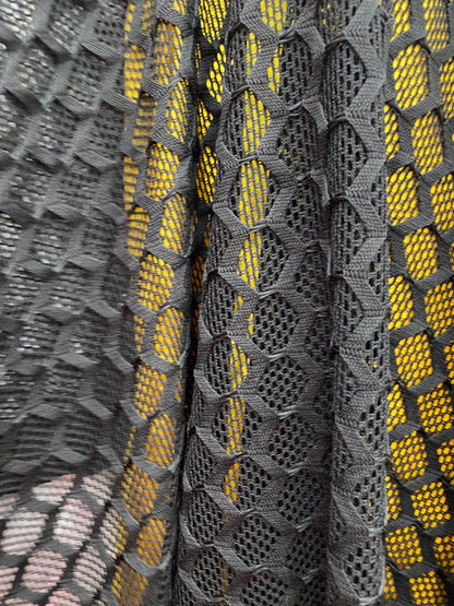 New Geometric black mesh 2-way stretch 58/60” Sold by the YD. Ships Worldwide from Los Angeles California USA.