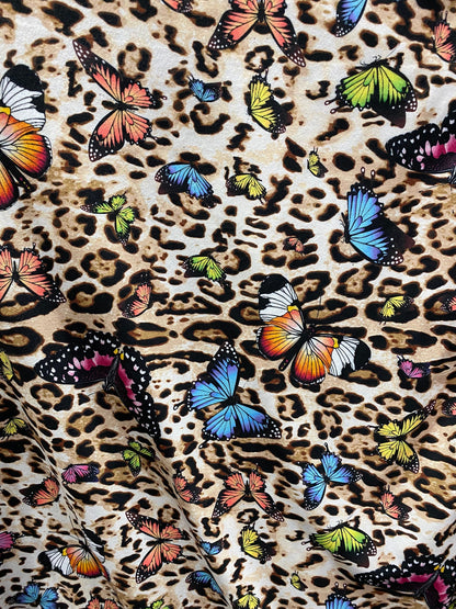 New butterfly design print on soft poly cotton spandex 4-way stretch 58/60” Sold by the YD. Ships Worldwide from Los Angeles California USA.