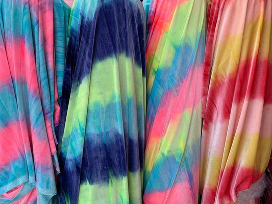 New tie dye flat velvet stripe design 420Gm 4-way stretch 58/60” Sold by the YD. Ships Worldwide from Los Angeles California USA.