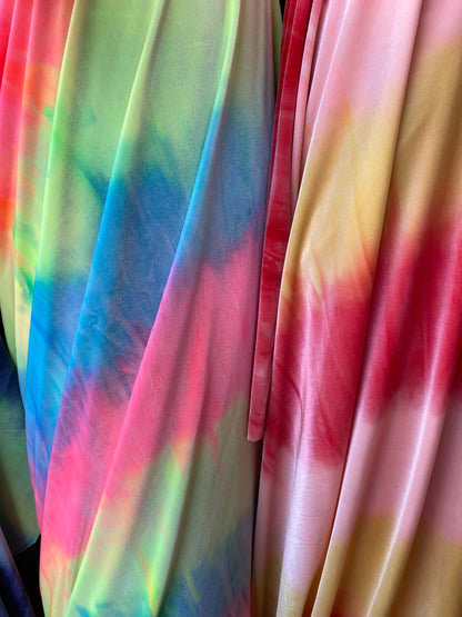 New tie dye flat velvet stripe design 420Gm 4-way stretch 58/60” Sold by the YD. Ships Worldwide from Los Angeles California USA.