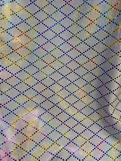 New Diamond design hologram metallic nylon spandex 4-way stretch 58/60” Sold by the YD. Ships Worldwide from Los Angeles California USA.