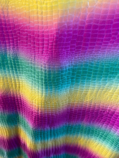 New rainbow crocodile design print on poly spandex with clear foil 2-way stretch 58/60” Sold by the YD. Ships Worldwide from Los Angeles