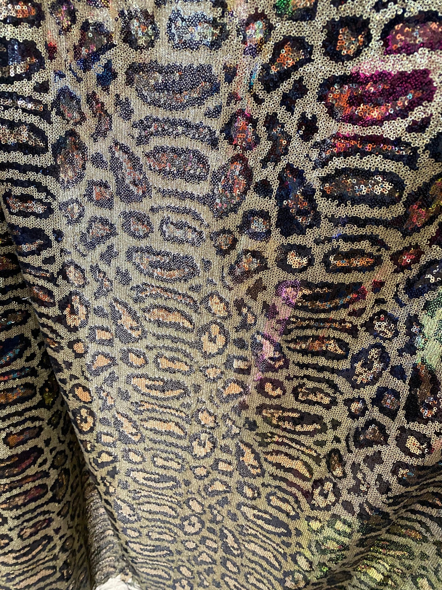 New Exotic leopard design print on mini glitz cosmic sequins embroidered on non-stretch mesh 58/60” Sold by the YD.