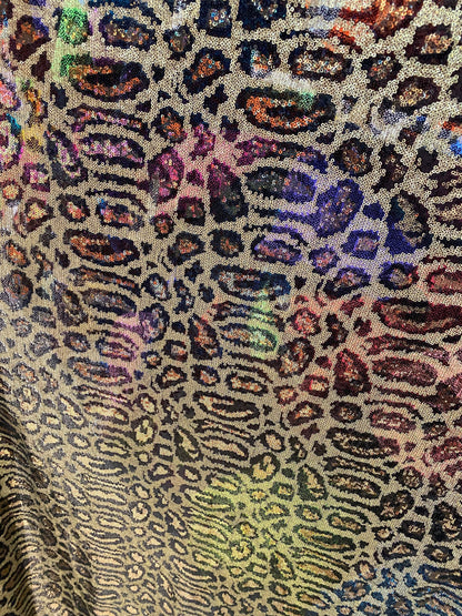 New Exotic leopard design print on mini glitz cosmic sequins embroidered on non-stretch mesh 58/60” Sold by the YD.