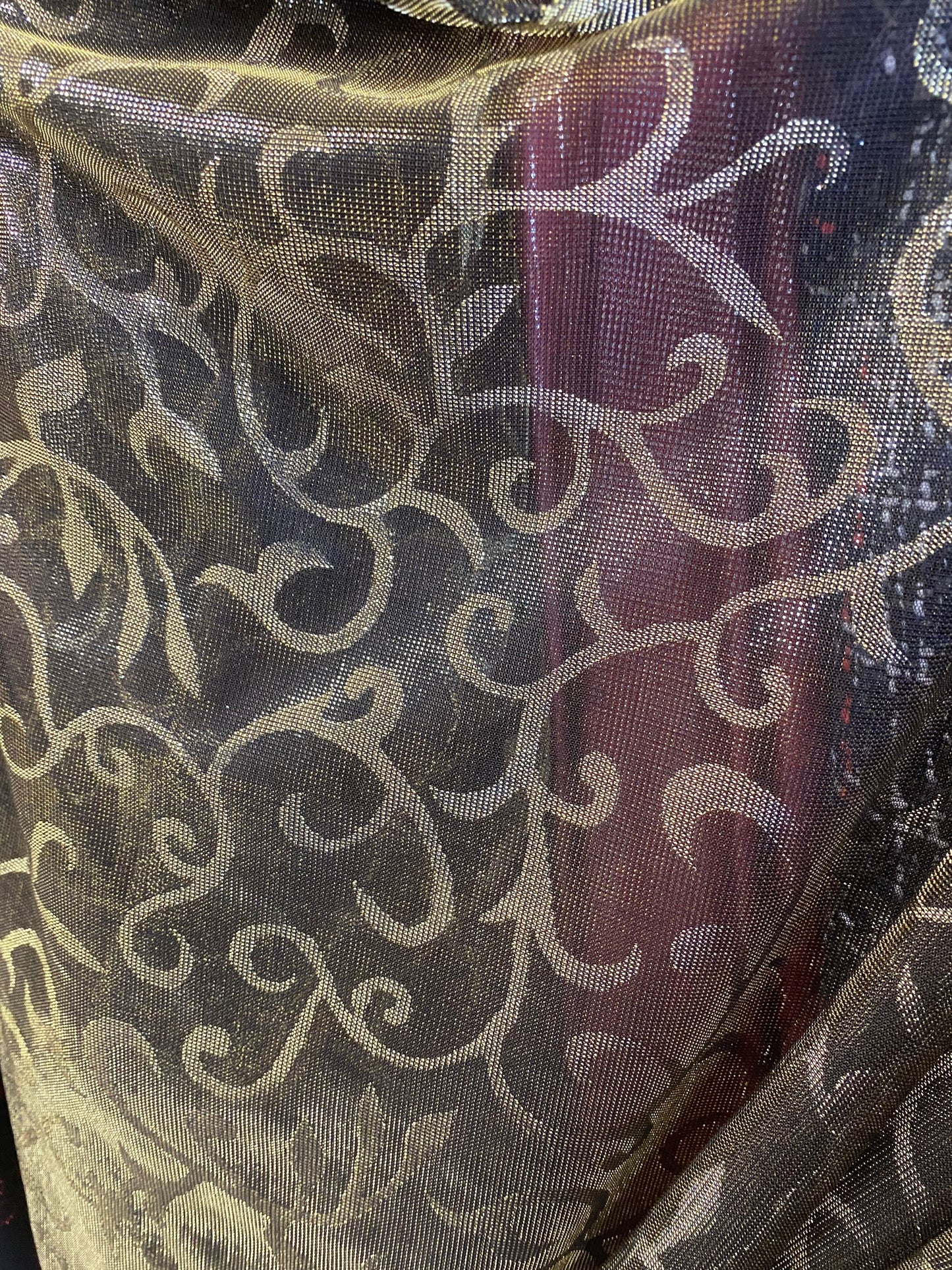 New Swirl design metallic mesh two tone gold 4-way stretch 58/60” Sold by the YD. Ships worldwide from Los Angeles California USA.