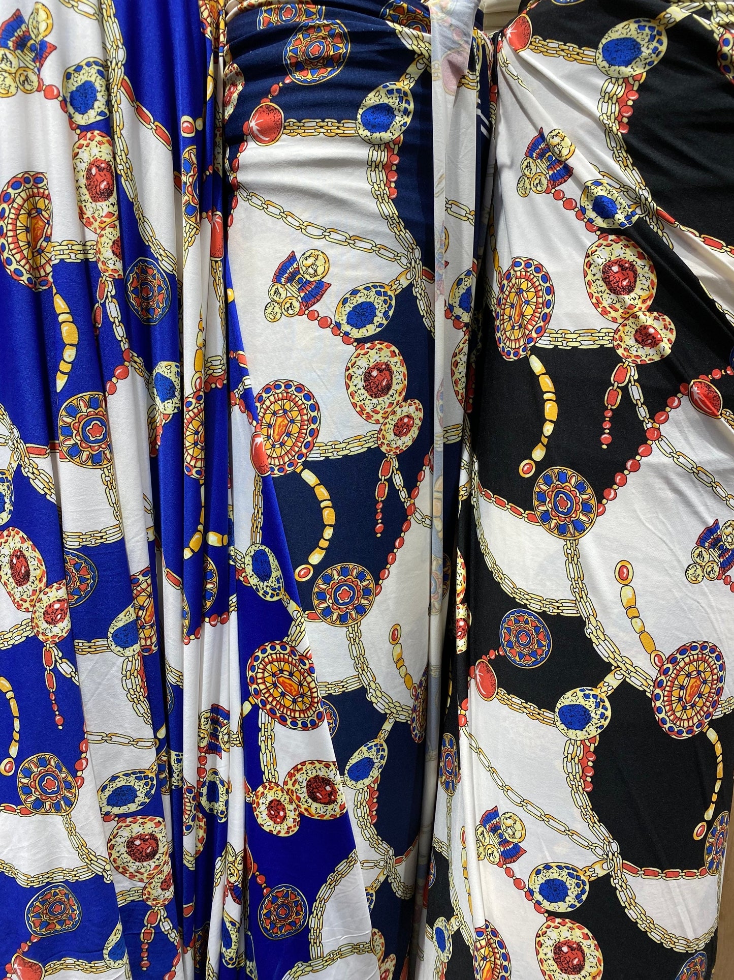New fashion chains design print on poly spandex medium weight 4-way stretch 58/60” Sold by the YD. Ships worldwide from Los Angeles CA