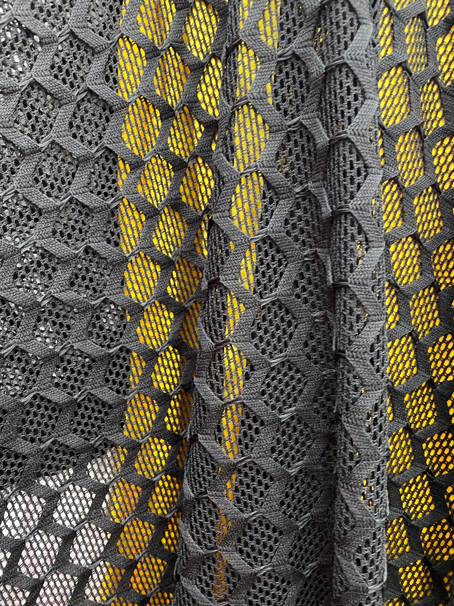New Geometric black mesh 2-way stretch 58/60” Sold by the YD. Ships Worldwide from Los Angeles California USA.