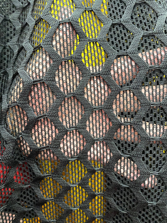 New Geometric black mesh 2-way stretch 58/60” Sold by the YD. Ships Worldwide from Los Angeles California USA.