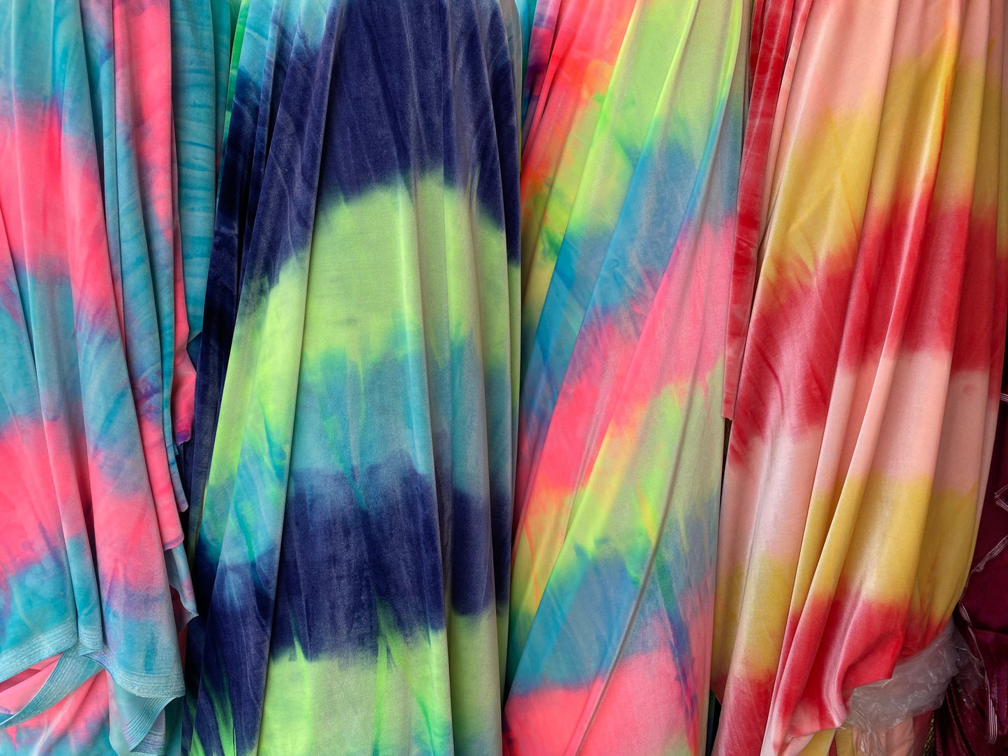 New tie dye flat velvet stripe design 420Gm 4-way stretch 58/60” Sold by the YD. Ships Worldwide from Los Angeles California USA.