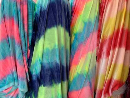 New tie dye flat velvet stripe design 420Gm 4-way stretch 58/60” Sold by the YD. Ships Worldwide from Los Angeles California USA.
