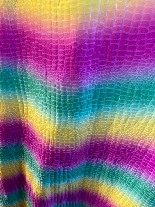 New rainbow crocodile design print on poly spandex with clear foil 2-way stretch 58/60” Sold by the YD. Ships Worldwide from Los Angeles