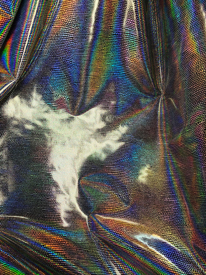 New iridescent Exotic Armadillo design hologram foil pu vinyl black/silver  2-way stretch medium weight 58/60” Sold by the YD.