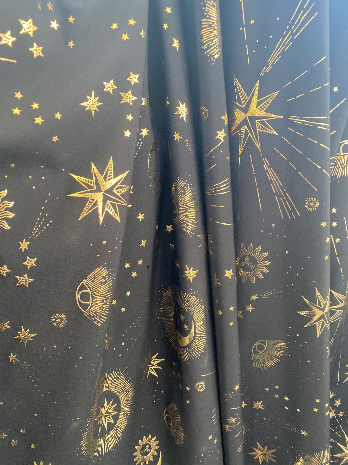 New celestial multi stars design metallic poly spandex 4-way stretch medium weight 58/60” Sold by the YD. Ships Worldwide from Los Angeles