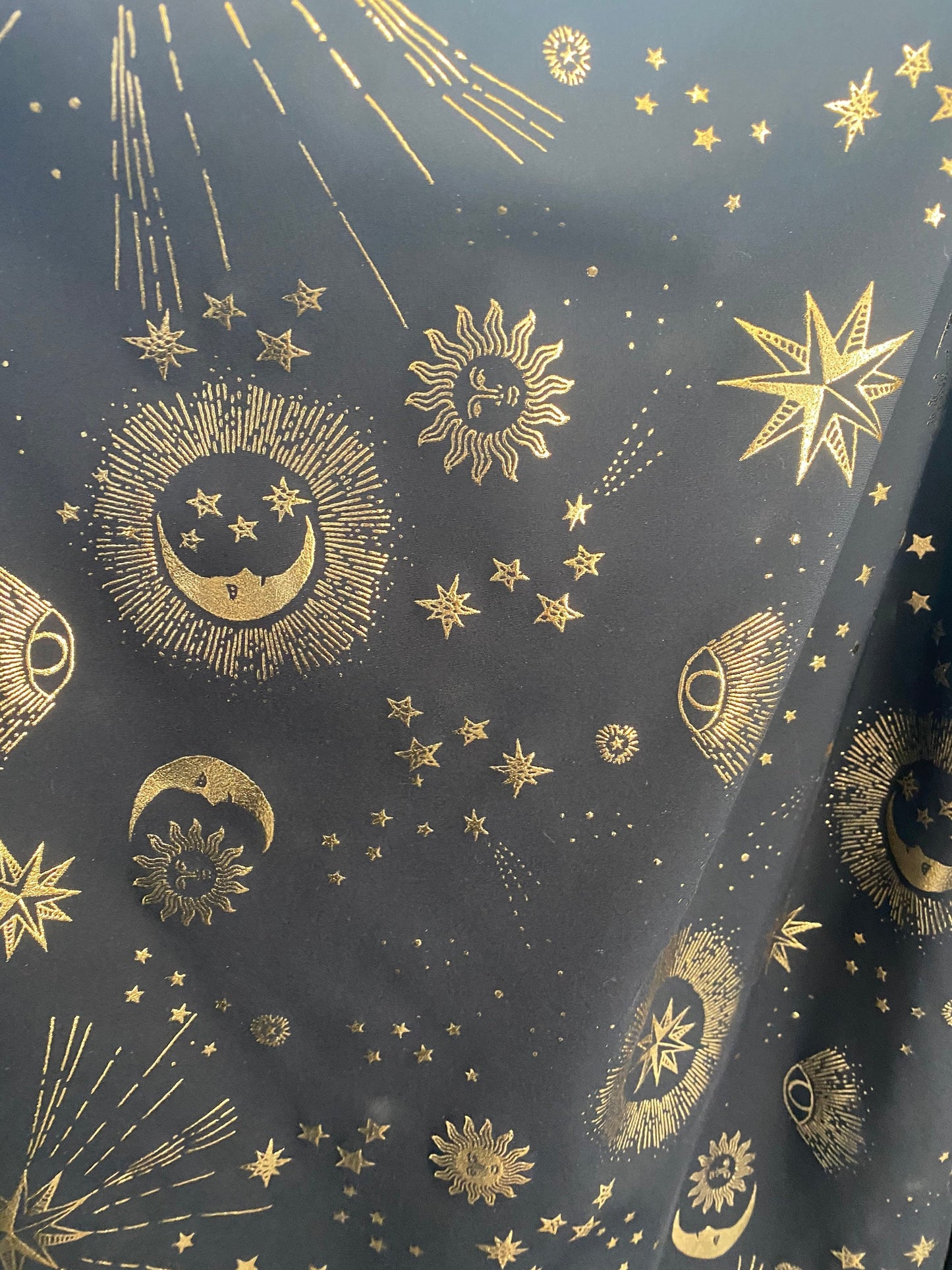 New celestial multi stars design metallic poly spandex 4-way stretch medium weight 58/60” Sold by the YD. Ships Worldwide from Los Angeles