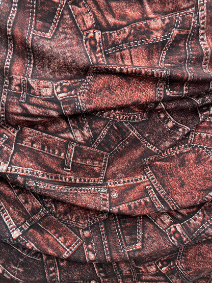 New jeans design print on nylon spandex 4way stretch medium weight 58/60” Sold by the YD. Ships worldwide feom Los Angeles California USA.