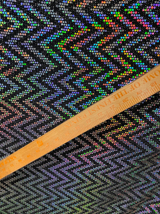 New zig zag design Metallic nylon spandex with hologram sequins 2-way stretch 58/60” Sold by the YD. Ships Worldwide from Los Angeles Cali