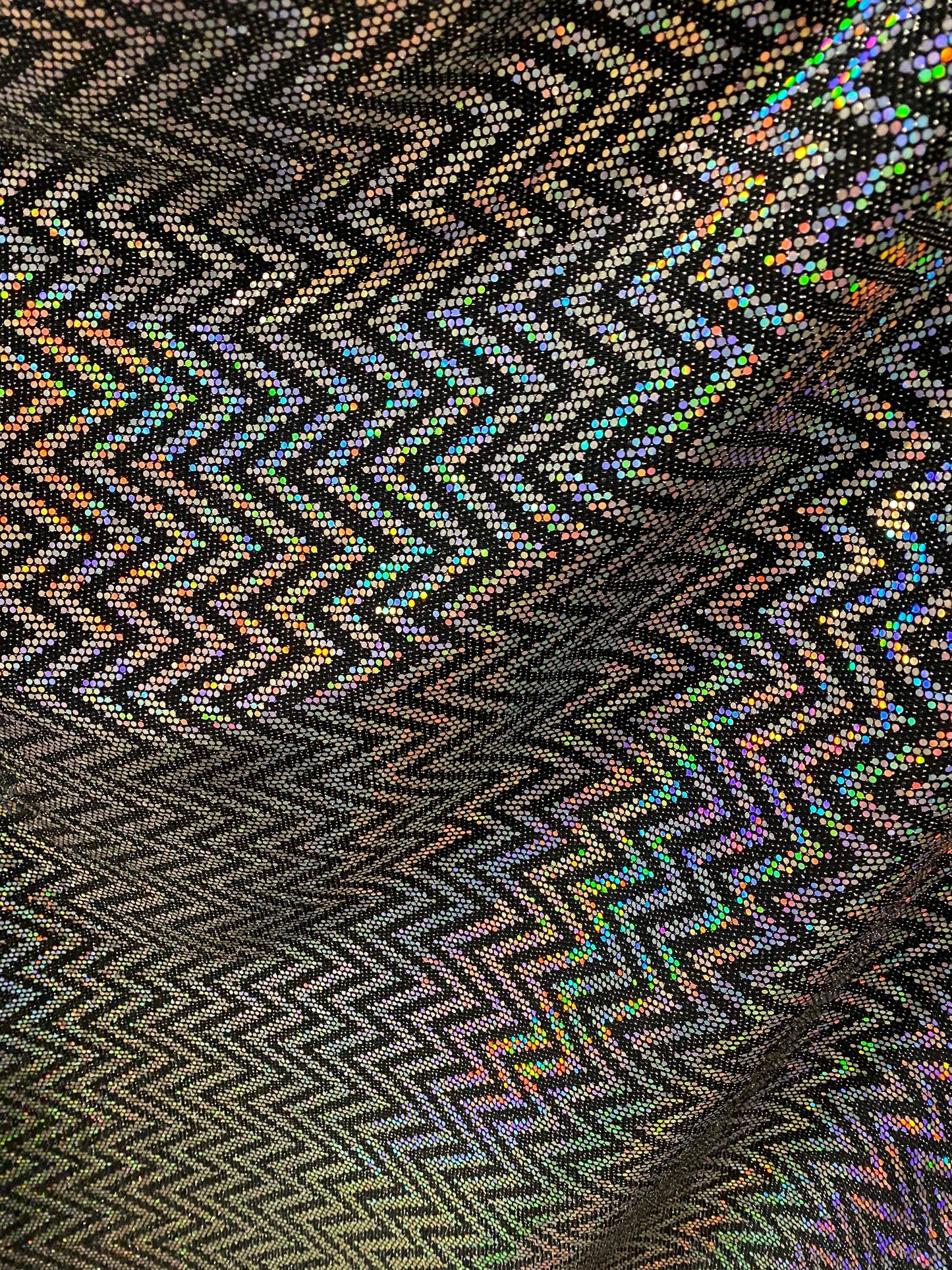 New zig zag design Metallic nylon spandex with hologram sequins 2-way stretch 58/60” Sold by the YD. Ships Worldwide from Los Angeles Cali
