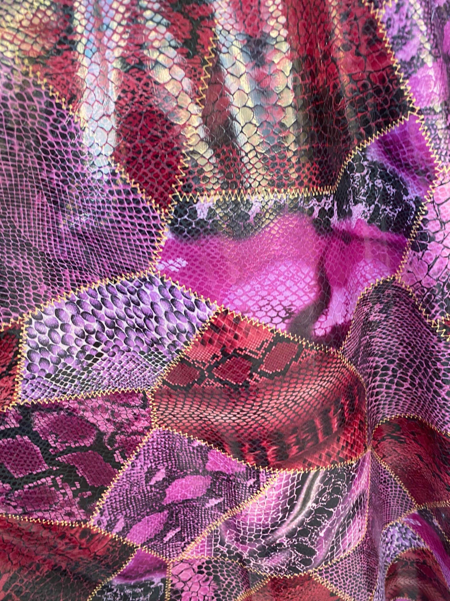 New Exotic multi snake design print on poly interlock with clear foil non stretch 58/60” Sold by the YD. Ships Worldwide from Los Angeles CA