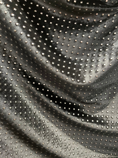 New Gladiator stretch velvet with metallic dots 4-way stretch 58/60” Sold by the YD. Ships Worldwide from Los Angeles California USA.