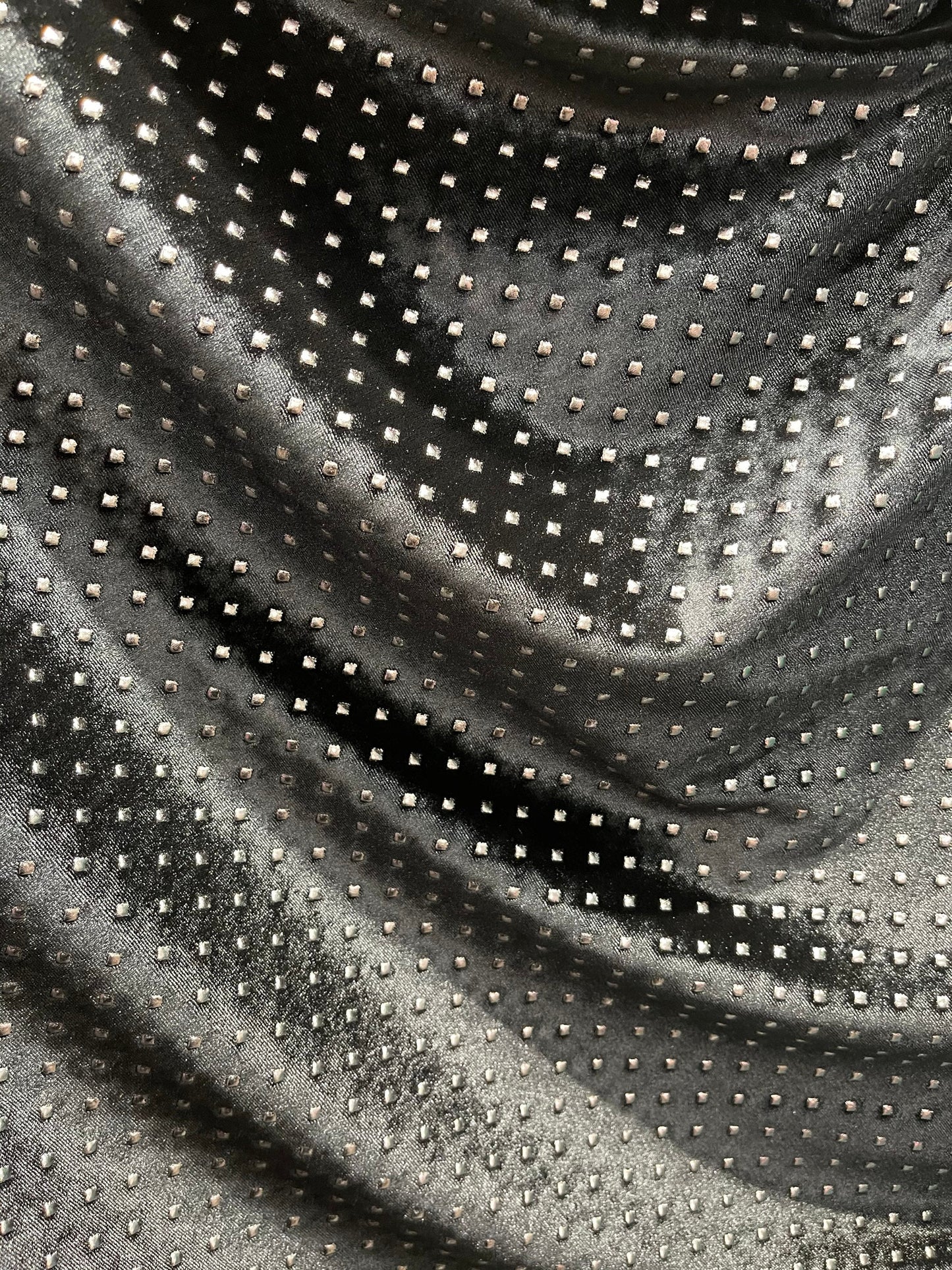New Gladiator stretch velvet with metallic dots 4-way stretch 58/60” Sold by the YD. Ships Worldwide from Los Angeles California USA.