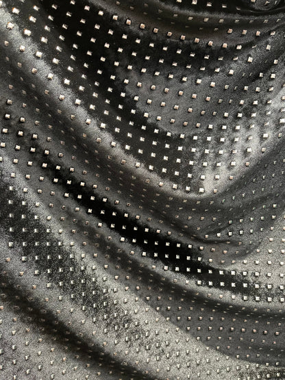 New Gladiator stretch velvet with metallic dots 4-way stretch 58/60” Sold by the YD. Ships Worldwide from Los Angeles California USA.