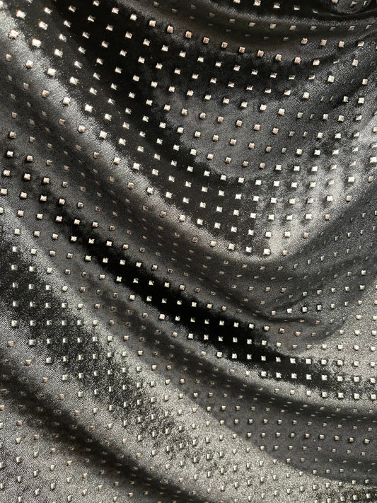 New Gladiator stretch velvet with metallic dots 4-way stretch 58/60” Sold by the YD. Ships Worldwide from Los Angeles California USA.
