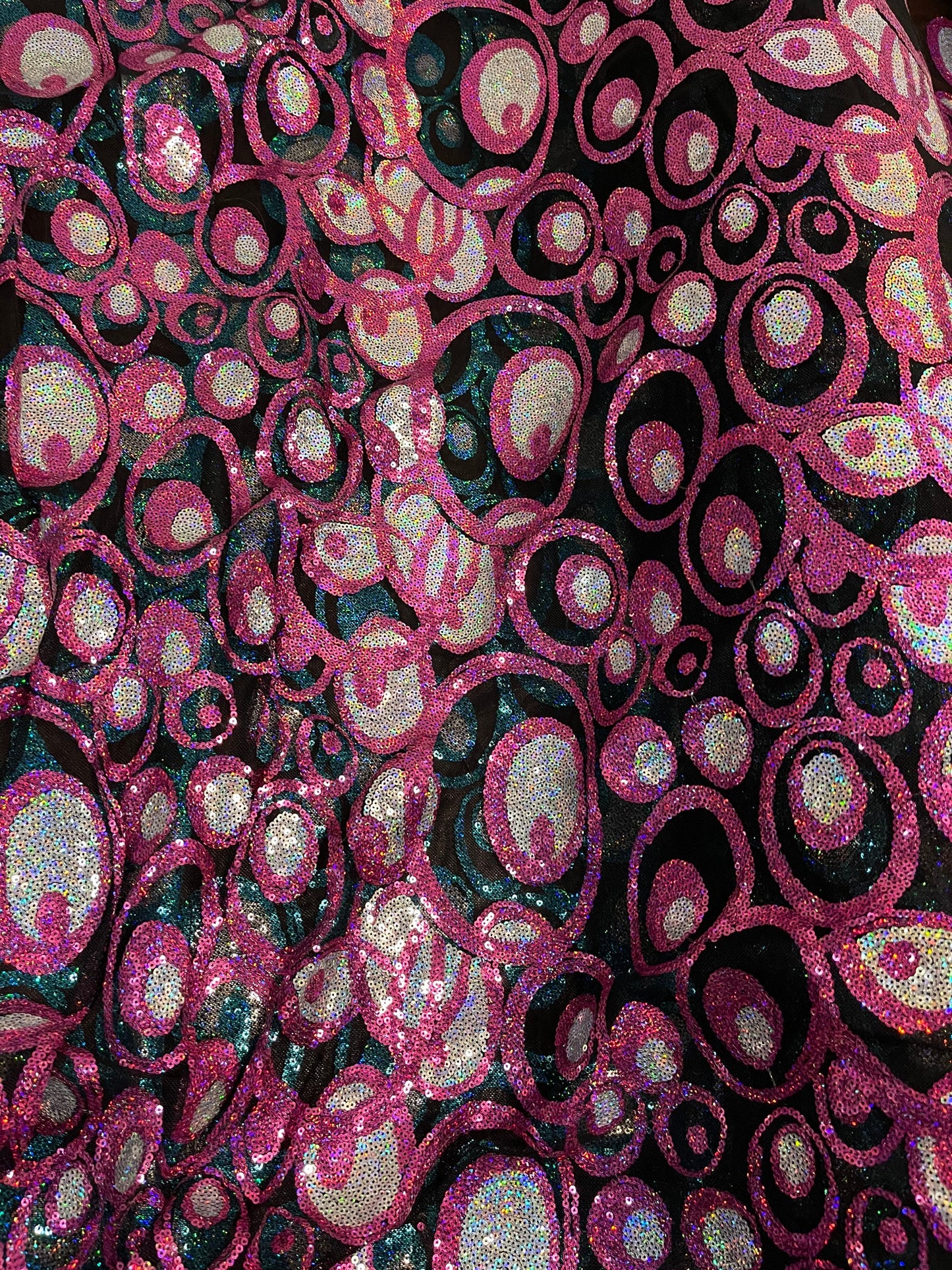 New peacock design hologram sequins embroidered on stretch mesh 2-way stretch 58/60” Sold by the YD. Ships Worldwide from Los Angeles CA USA
