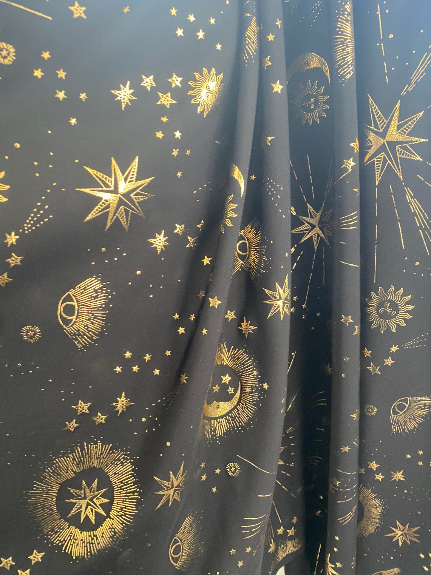 New celestial multi stars design metallic poly spandex 4-way stretch medium weight 58/60” Sold by the YD. Ships Worldwide from Los Angeles