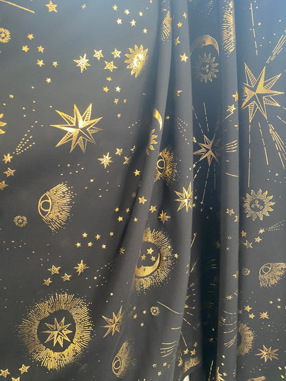 New celestial multi stars design metallic poly spandex 4-way stretch medium weight 58/60” Sold by the YD. Ships Worldwide from Los Angeles